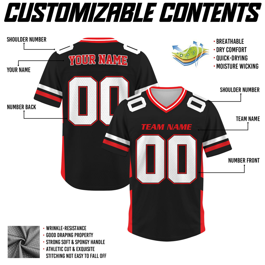 Custom Black Red Football Jersey, Football Jerseys For Men Women