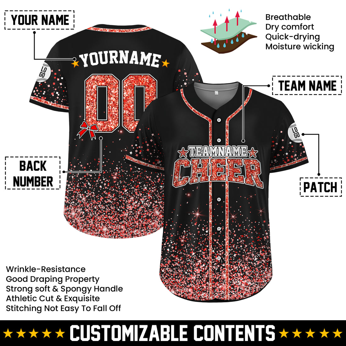 Custom Black Red Glitter Cheer Baseball Jersey, Personalized Cheer Team Uniform Shirt