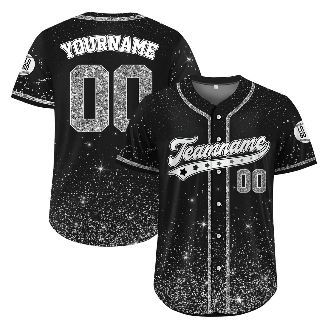 Custom Black Silver Glitter Cheer Baseball Jersey, Cheer Uniform Shirt in Adult Sizes S-4XL