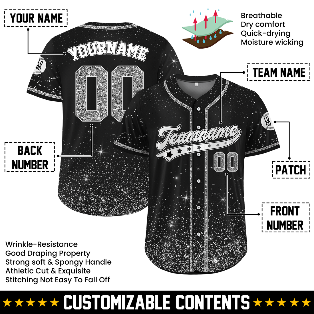 Custom Black Silver Glitter Cheer Baseball Jersey, Cheer Uniform Shirt in Adult Sizes S-4XL