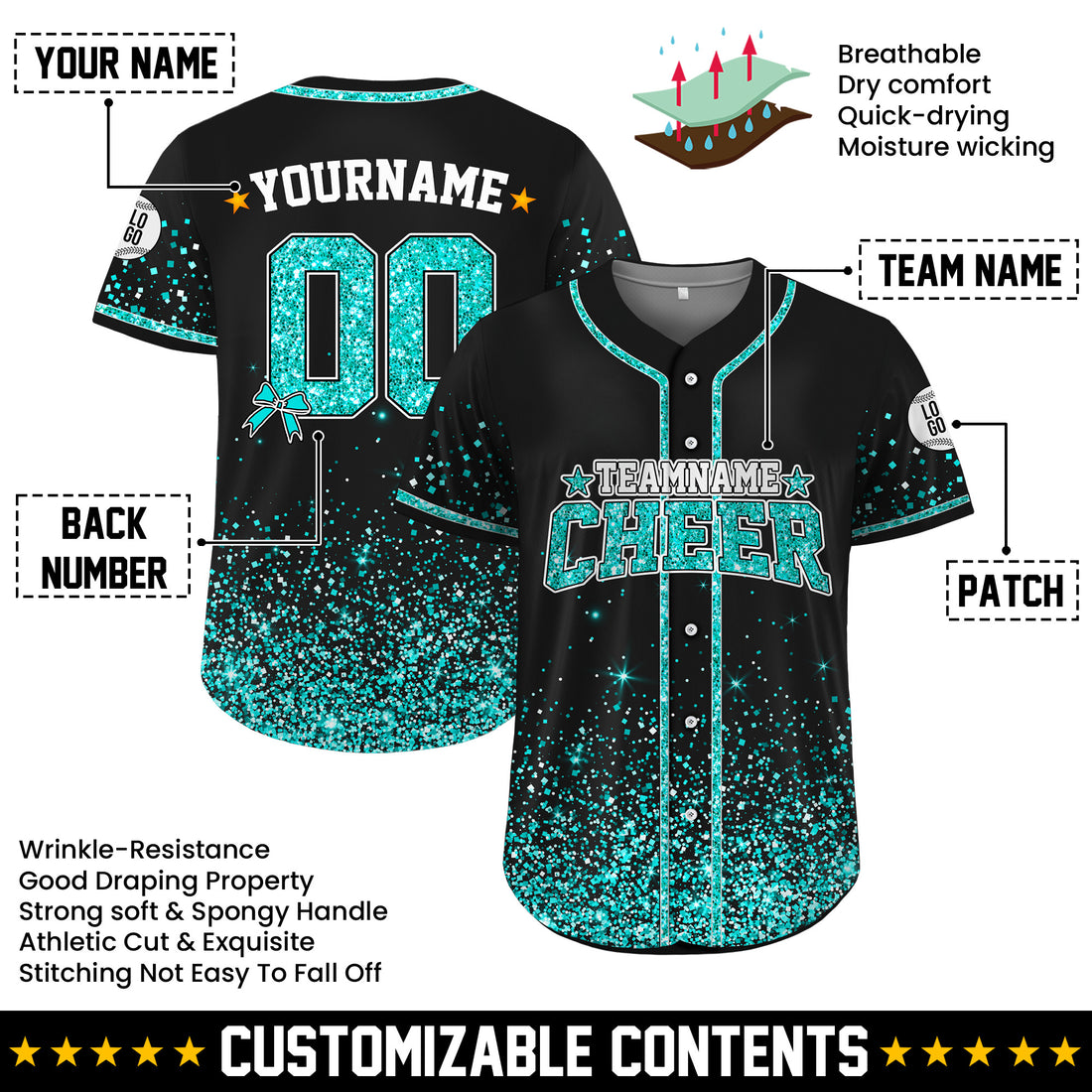 Custom Black Teal Glitter Cheer Baseball Jersey, Cheer Coach Appreciation Gift