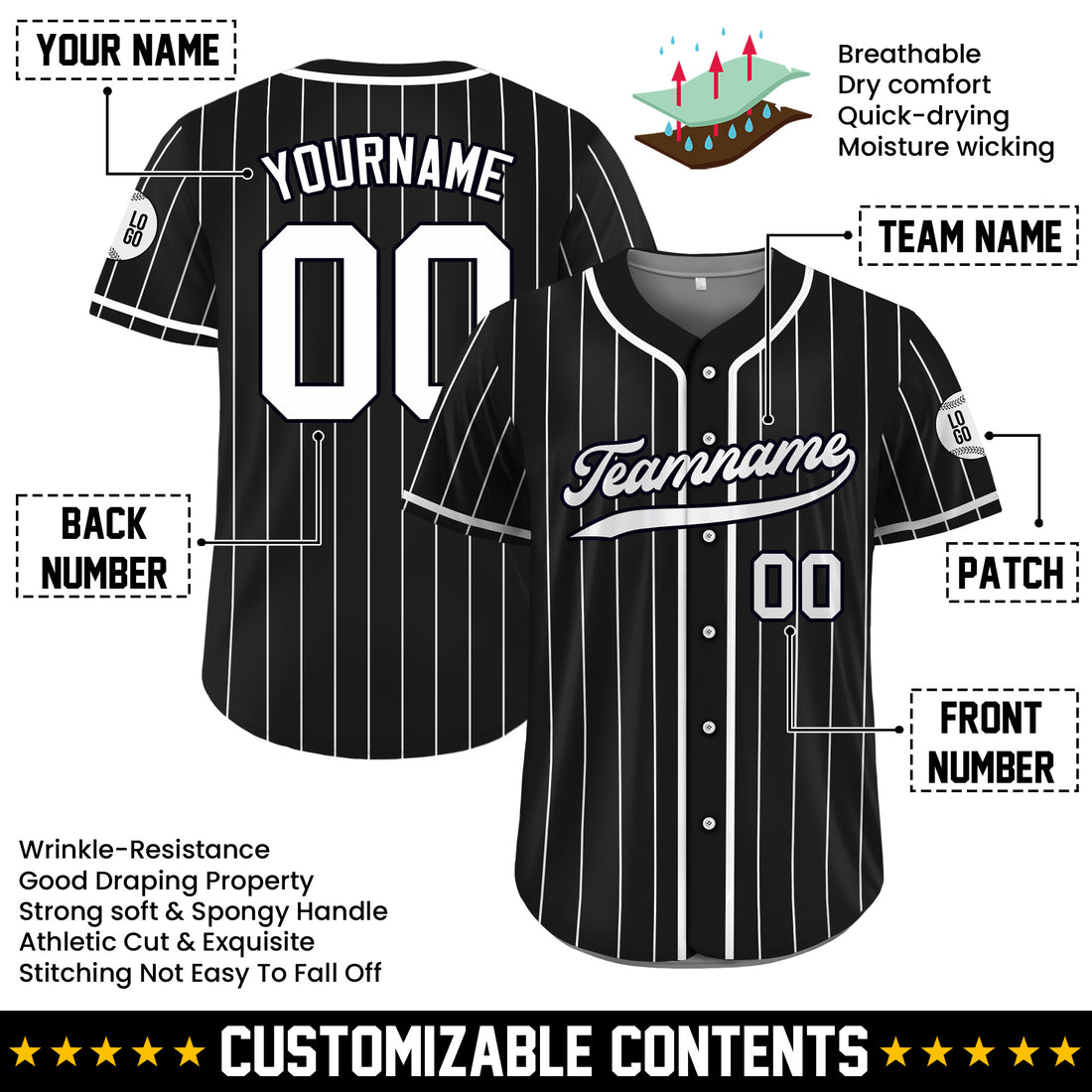 Custom Black White Pinstripe Baseball Jersey