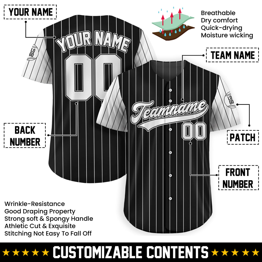Custom Black White Pinstripe Baseball Shirt