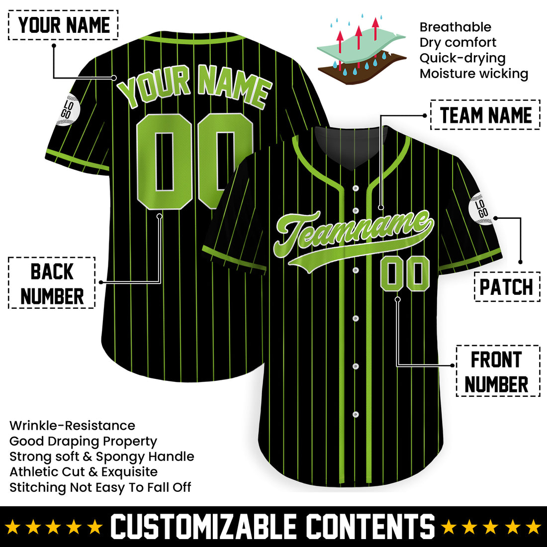 Custom Black and Green Pinstripe Baseball Jersey