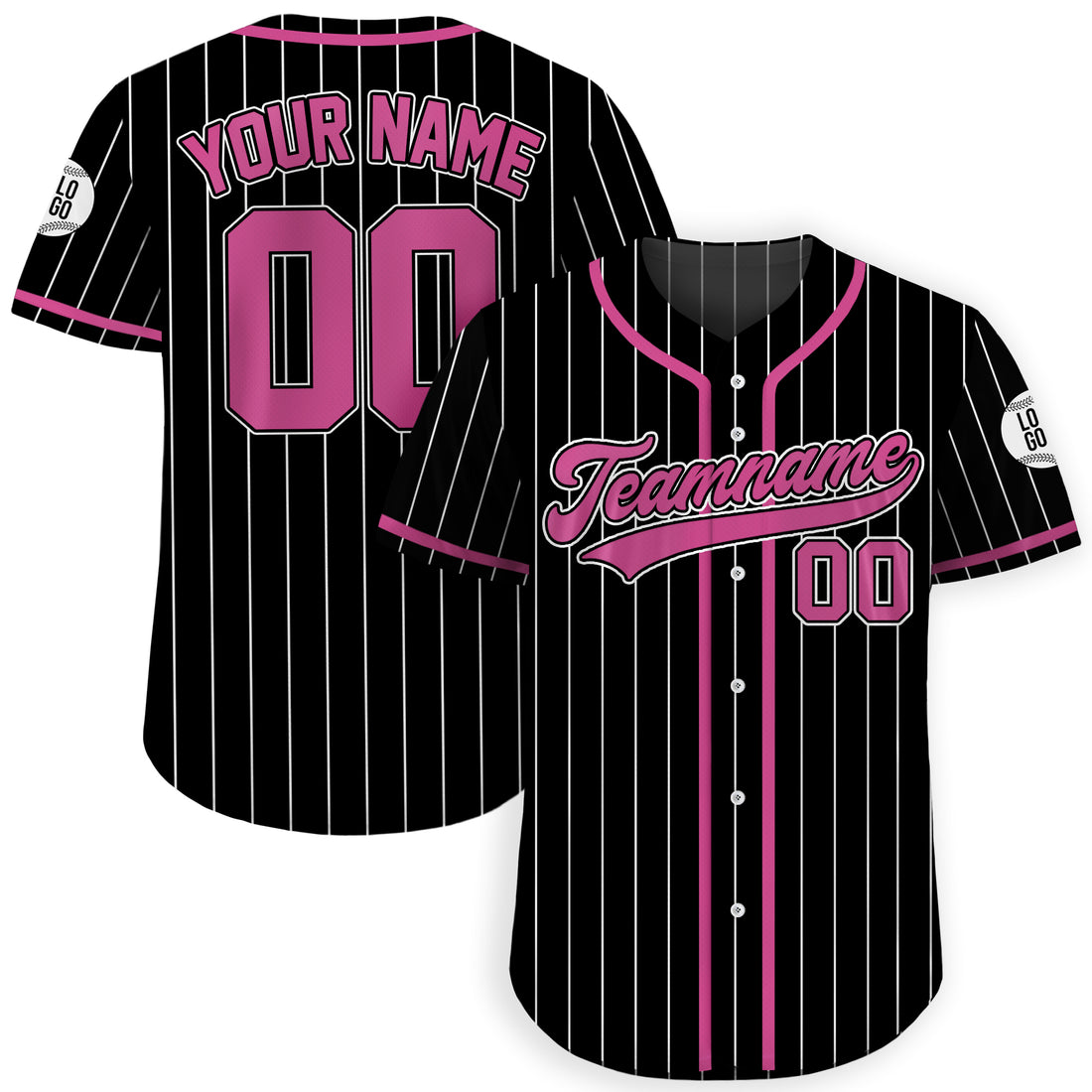 Custom Black and Pink Pinstripe Baseball Jersey