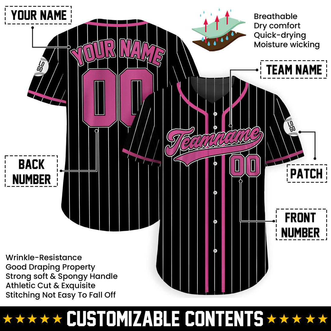 Custom Black and Pink Pinstripe Baseball Jersey