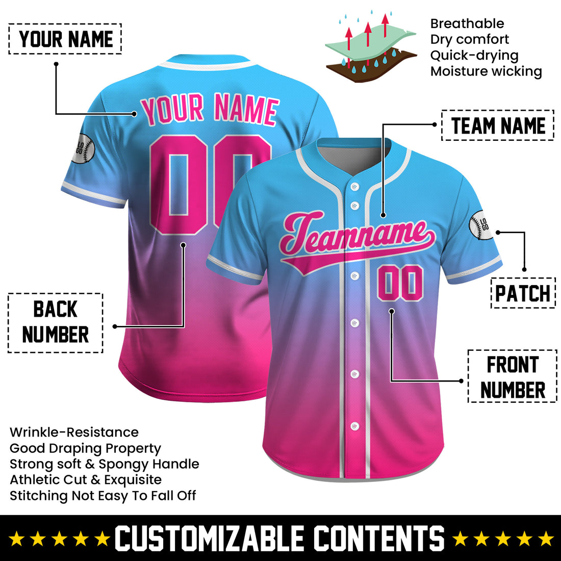 Custom Blue Pink Gradient Baseball Jersey,Personalized Name Number Baseball Shirt for Men Women Youth