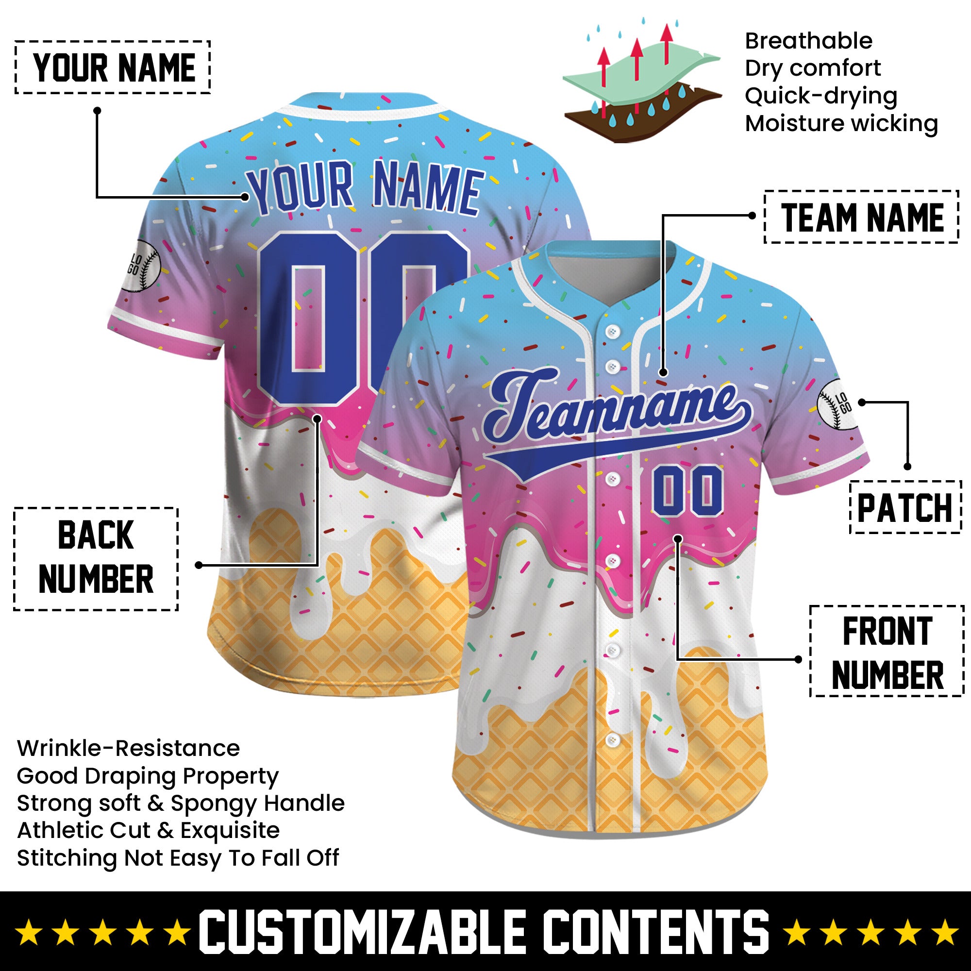 Custom Blue Pink Ombre Ice Cream Drip Baseball Jersey