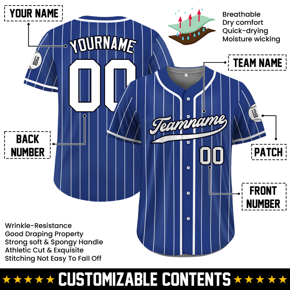 Custom Blue White Pinstripe Baseball Jersey