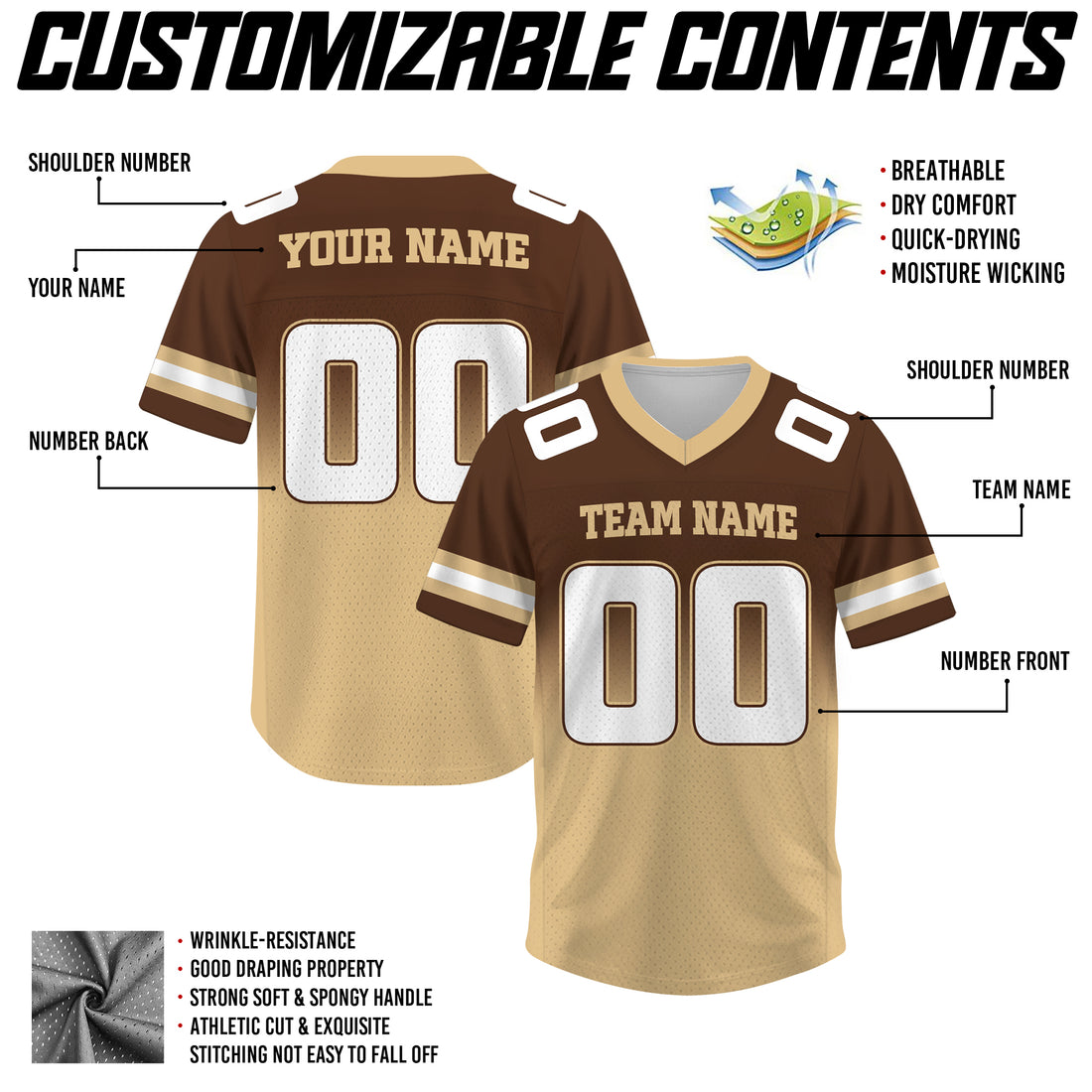 Custom Brown Gold Football Jersey, Personalized Team Name Number Football Jersey for Men Women Youth