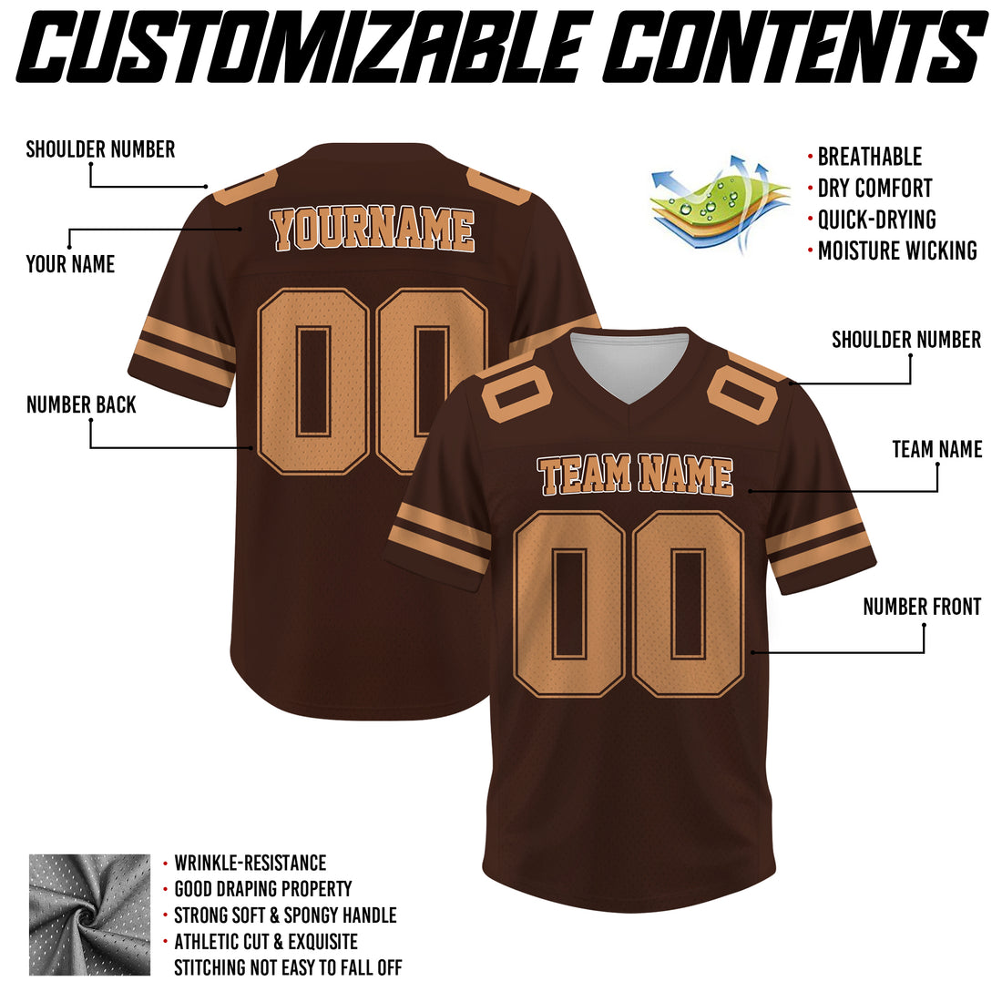 Custom Brown Tan Football Jersey, Personalized Team Name Number Football Jersey for Men Women Youth