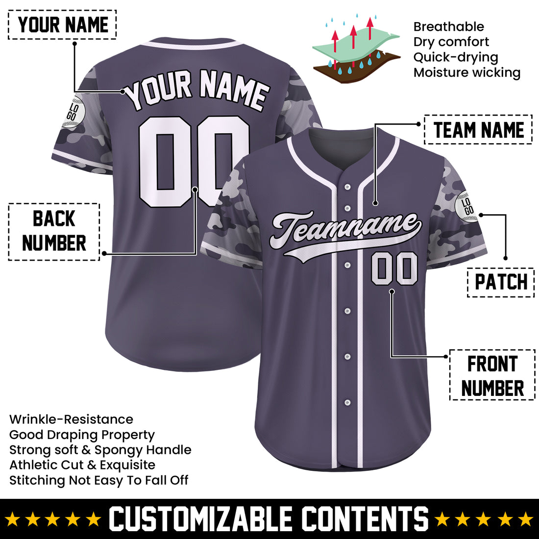 Custom Charcoal Urban Camo Baseball Jersey