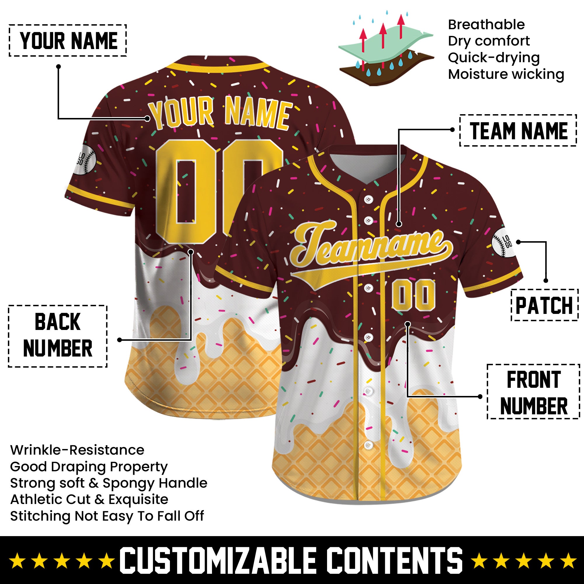Custom Chocolate Yellow Ice Cream Drip Baseball Jersey