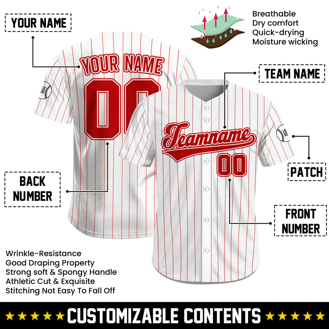 Custom Classic White Red Pinstripe Baseball Jersey