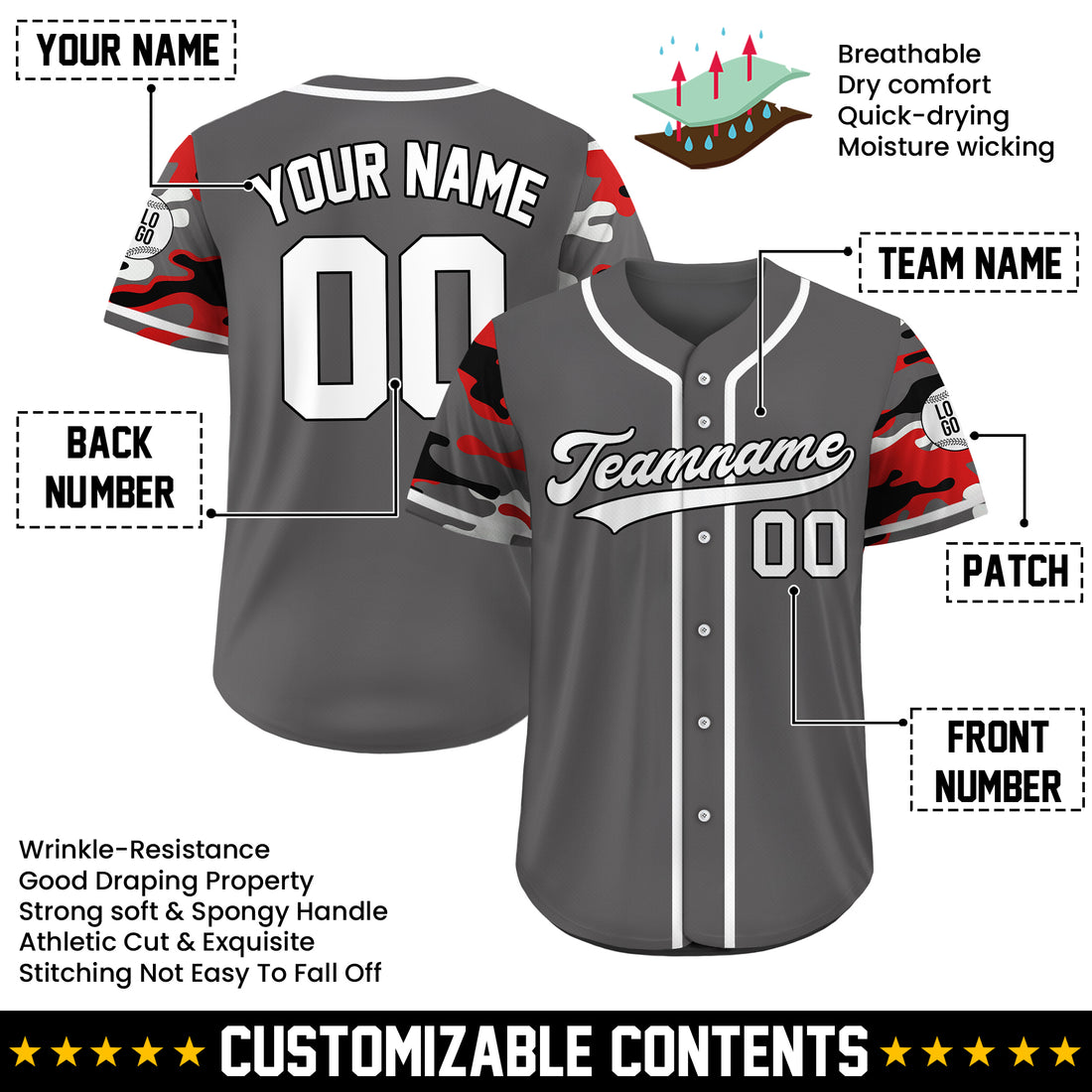 Custom Commando Gray Red Camo Jersey