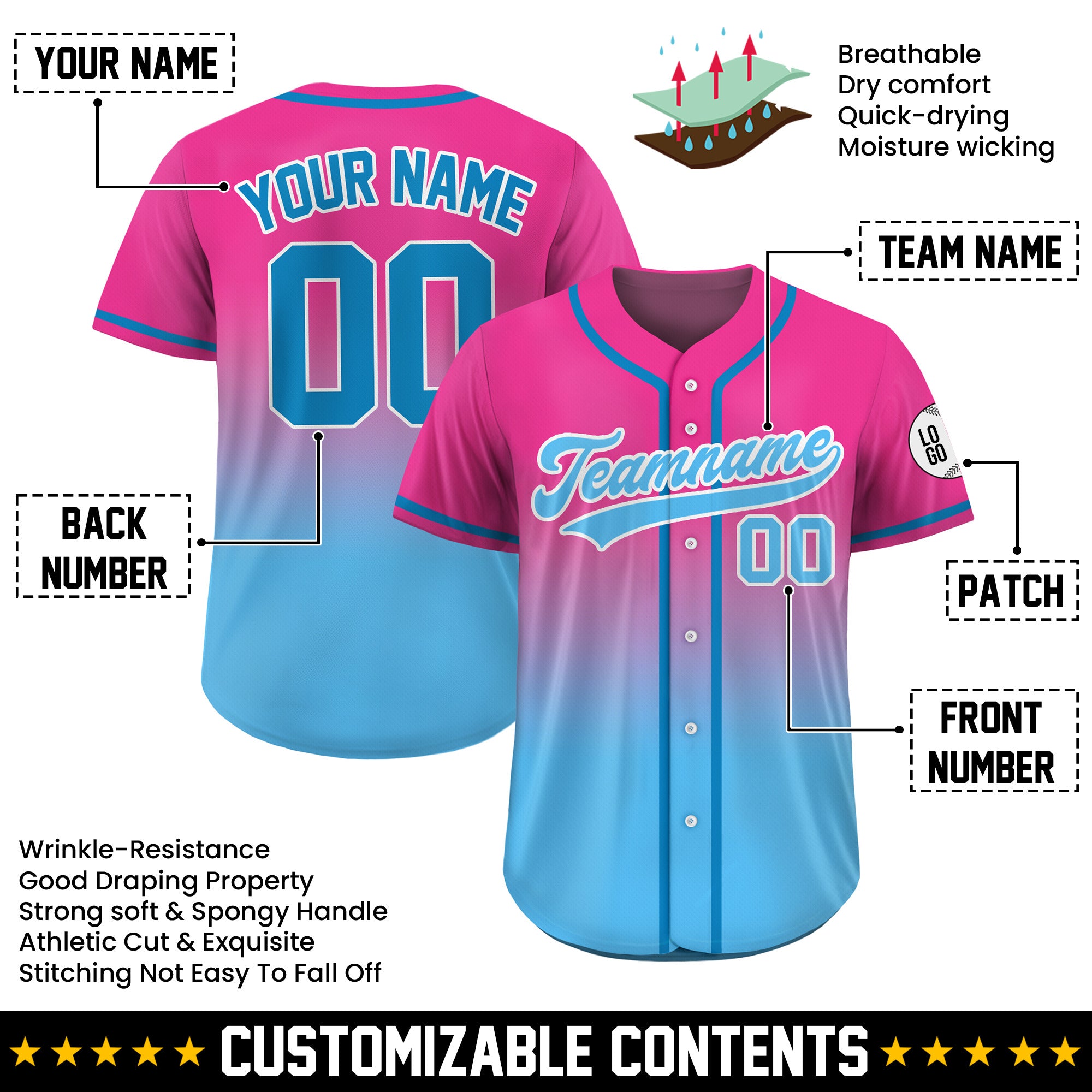 Custom Cotton Candy Gradient Baseball Jersey