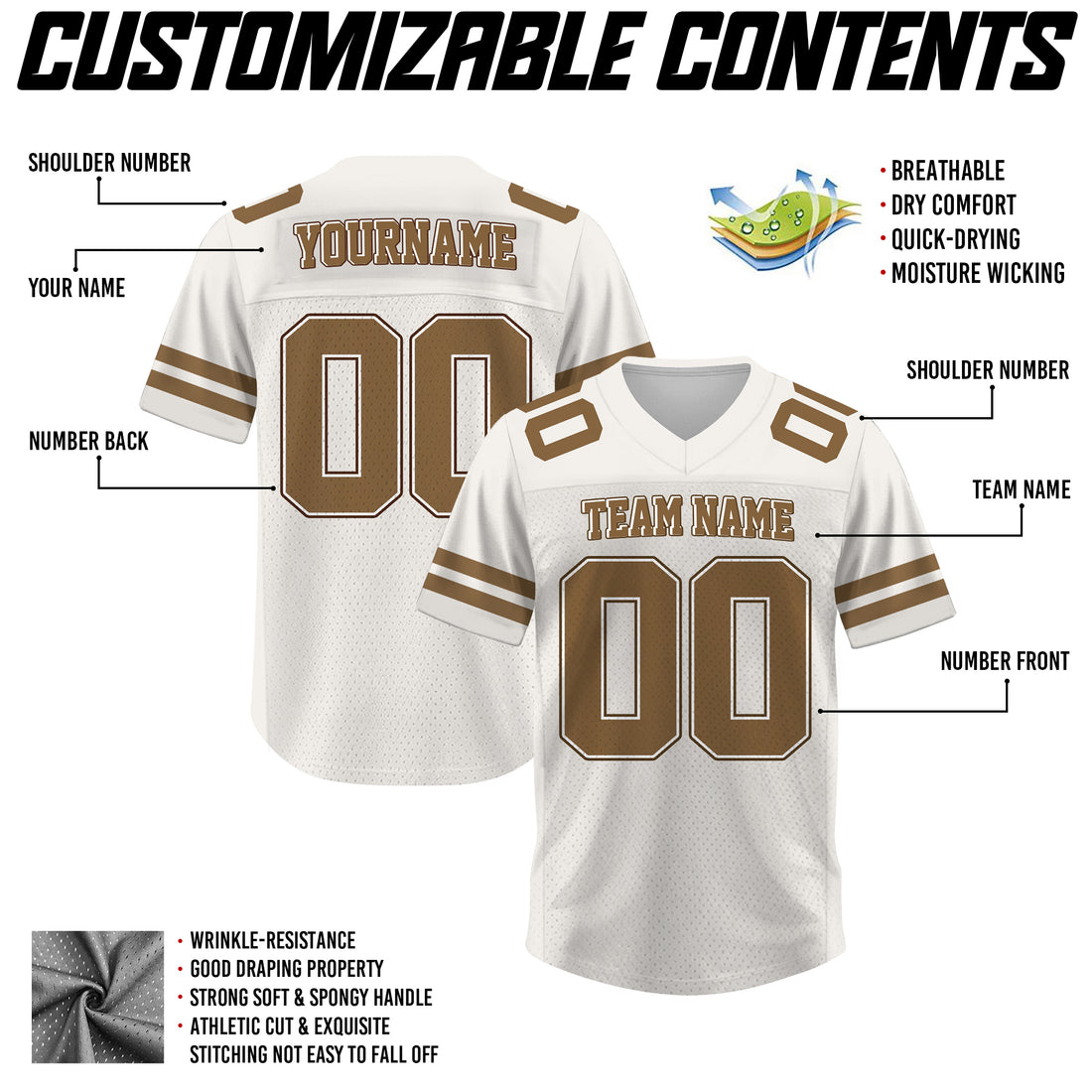 Custom Cream Brown Football Jersey, Personalized Team Name Number Football Jersey for Men Women Youth