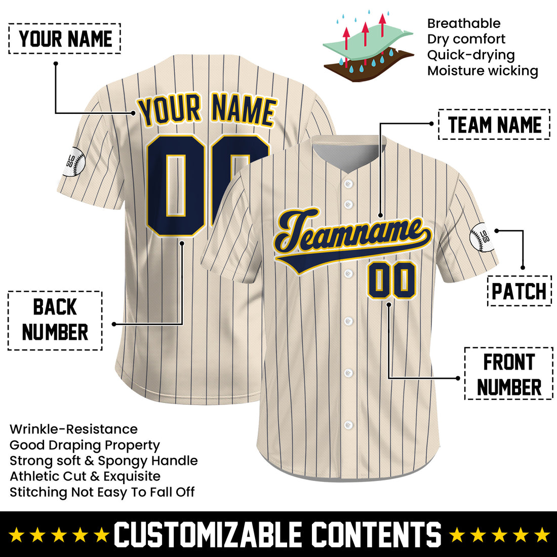 Custom Cream Navy Gold Pinstripe Baseball Jersey