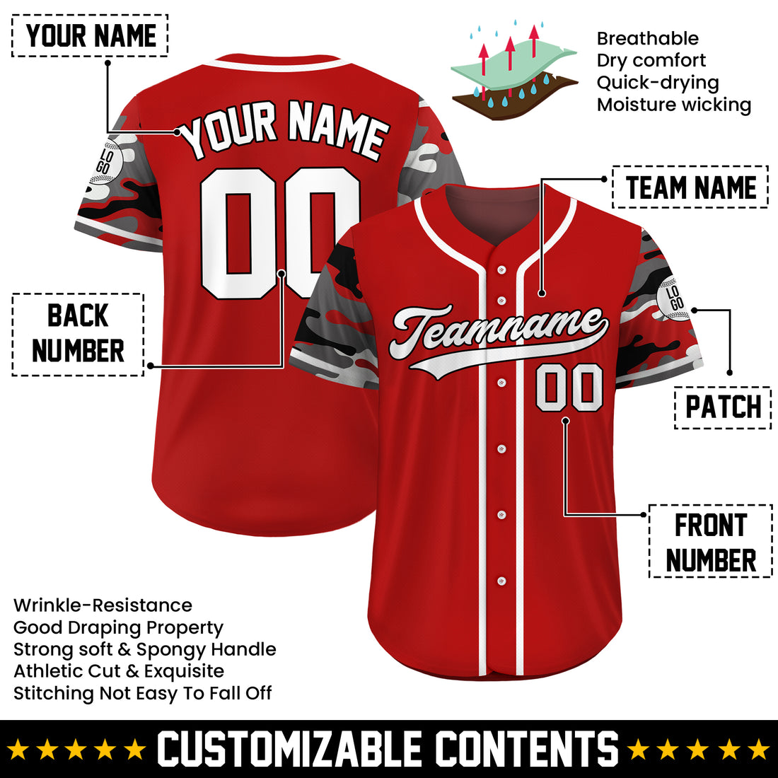 Custom Crimson Red Camo Baseball Jersey