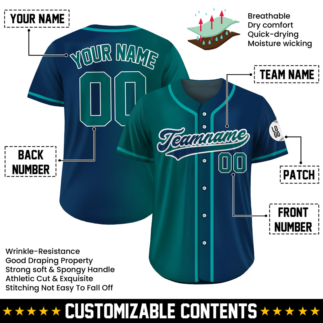 Custom Deep Sea Gradient Baseball Jersey