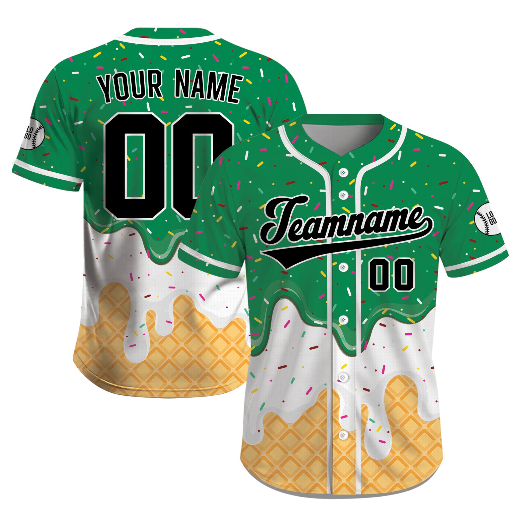 Custom Emerald Green Black Ice Cream Drip Baseball Jersey