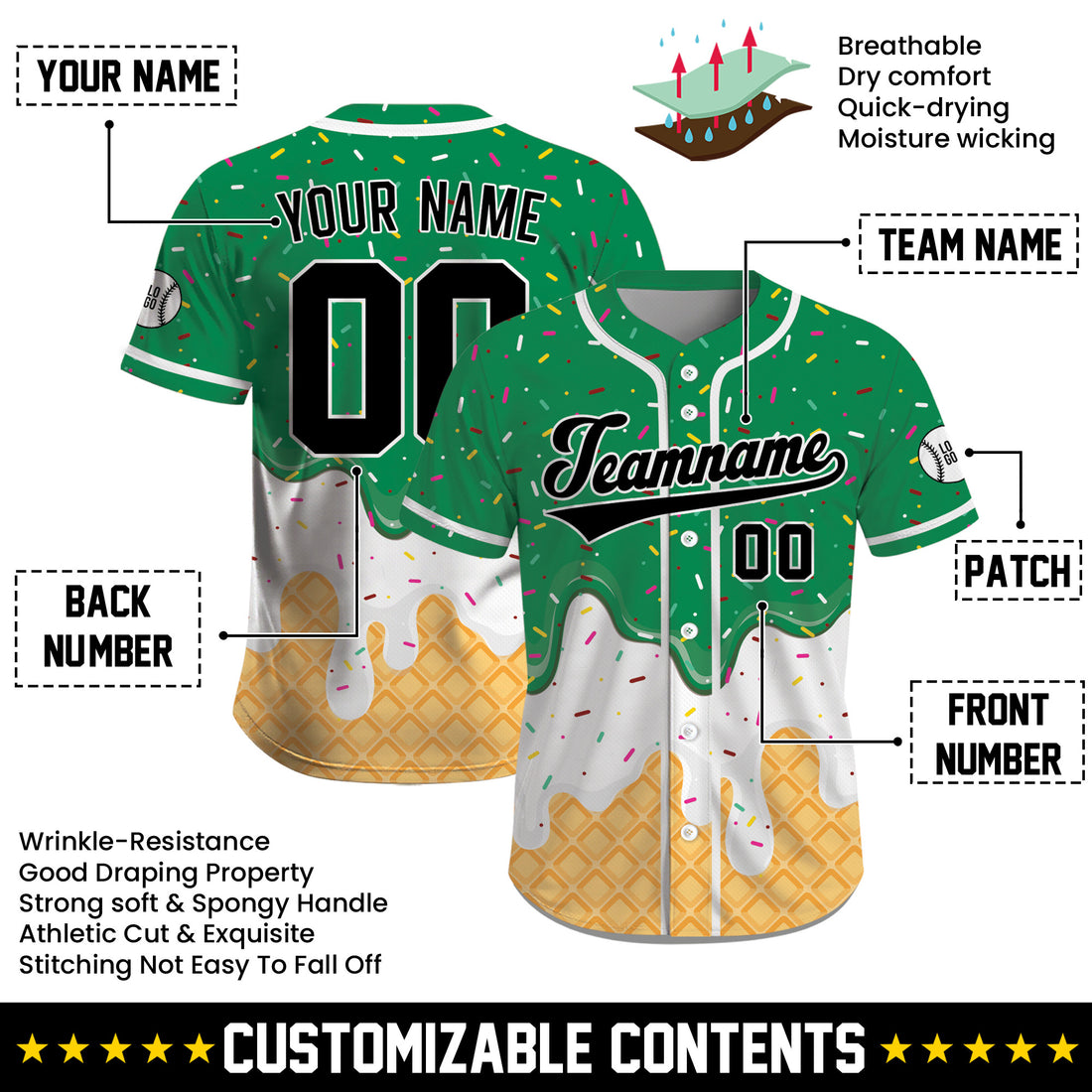 Custom Emerald Green Black Ice Cream Drip Baseball Jersey