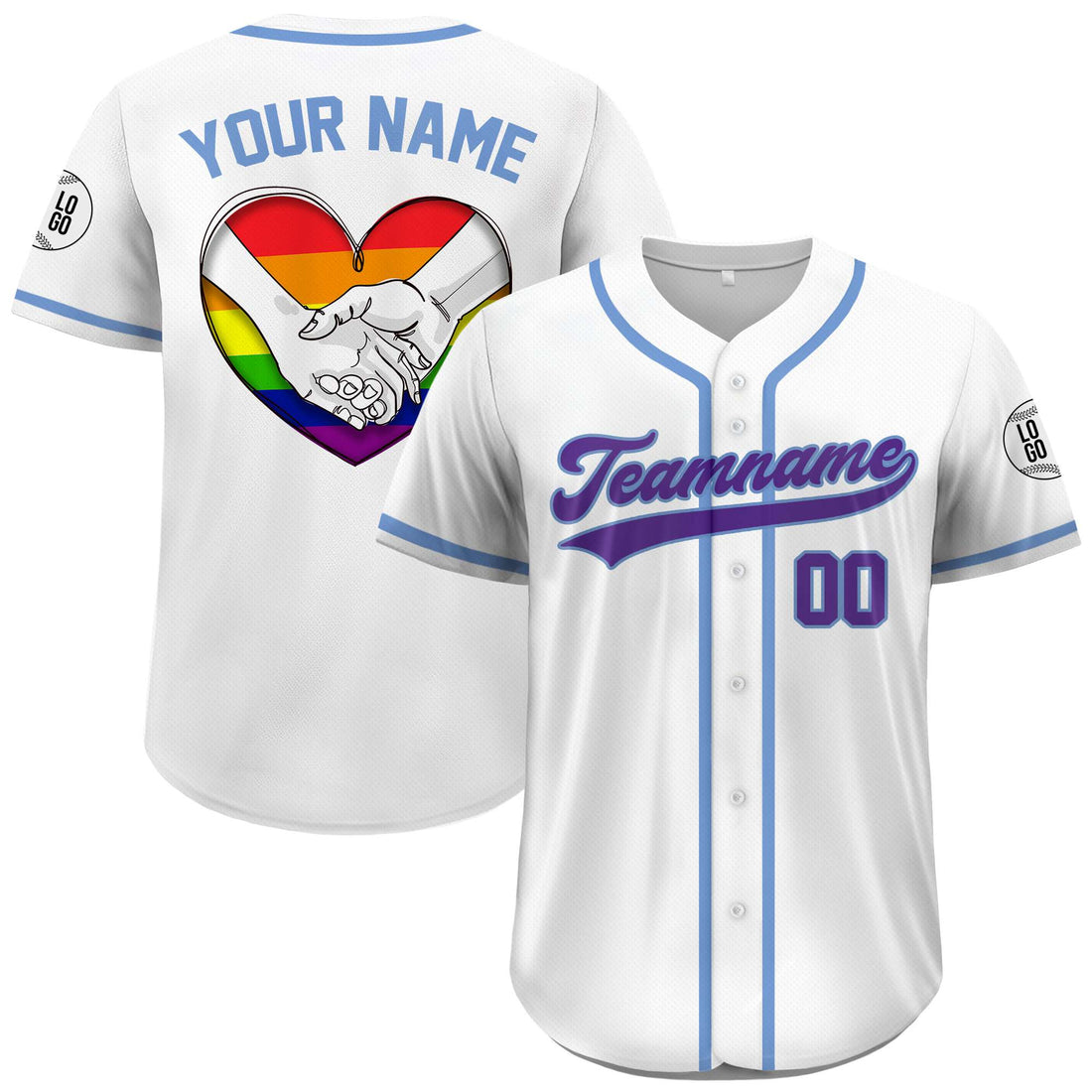 Custom Equality Pride Hand-in-Hand Rainbow Heart White Baseball Jersey