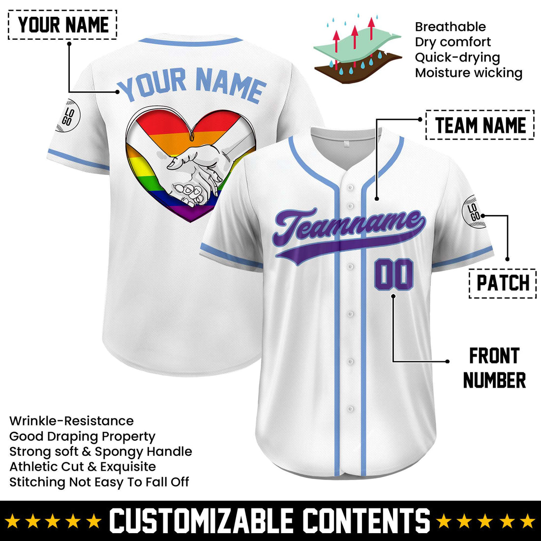 Custom Equality Pride Hand-in-Hand Rainbow Heart White Baseball Jersey