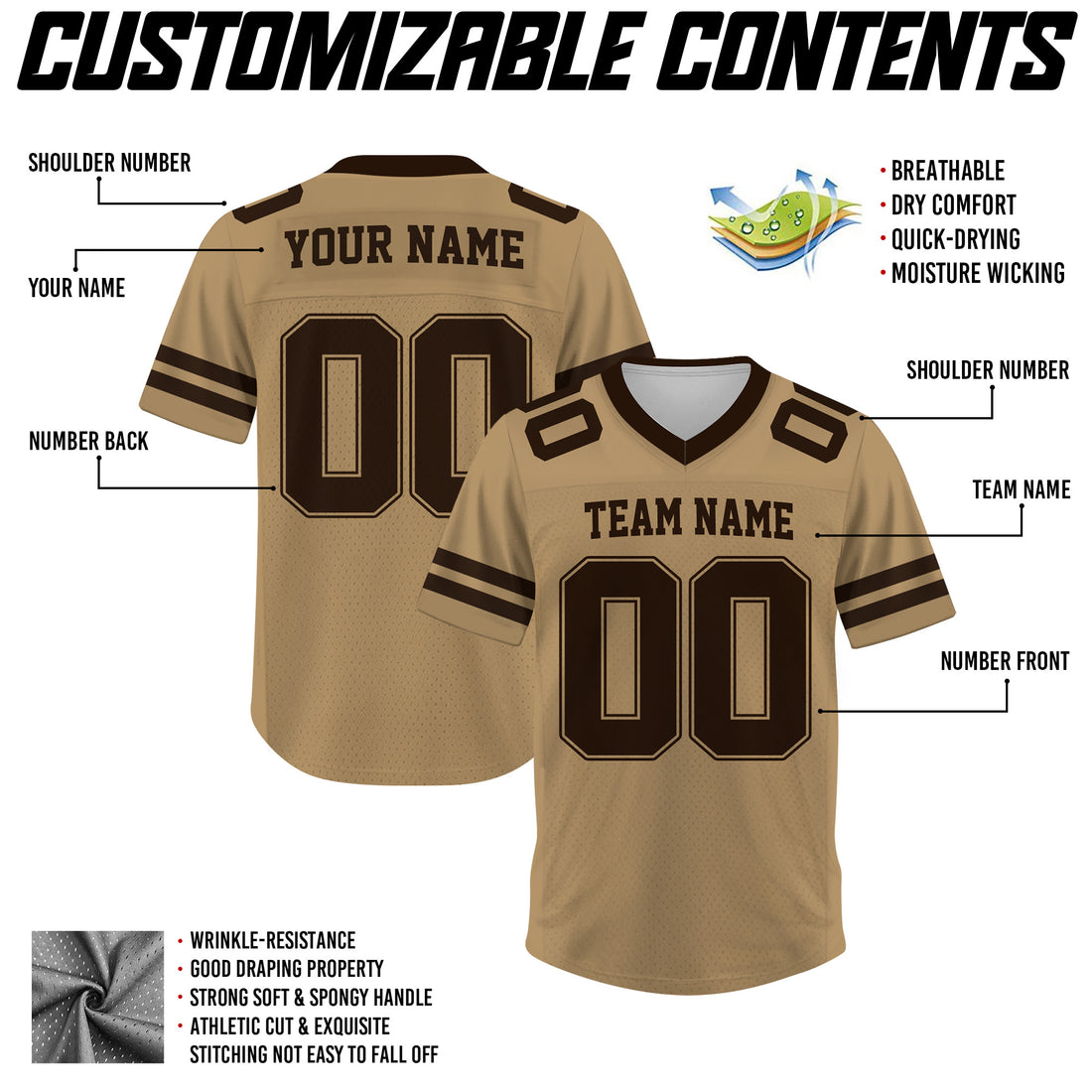 Custom Gold Brown Football Jersey, Custom Football Jersey with Team Name Number Logo for Team