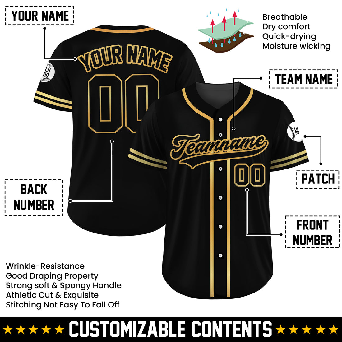 Custom Gold Prestige Black Baseball Jersey
