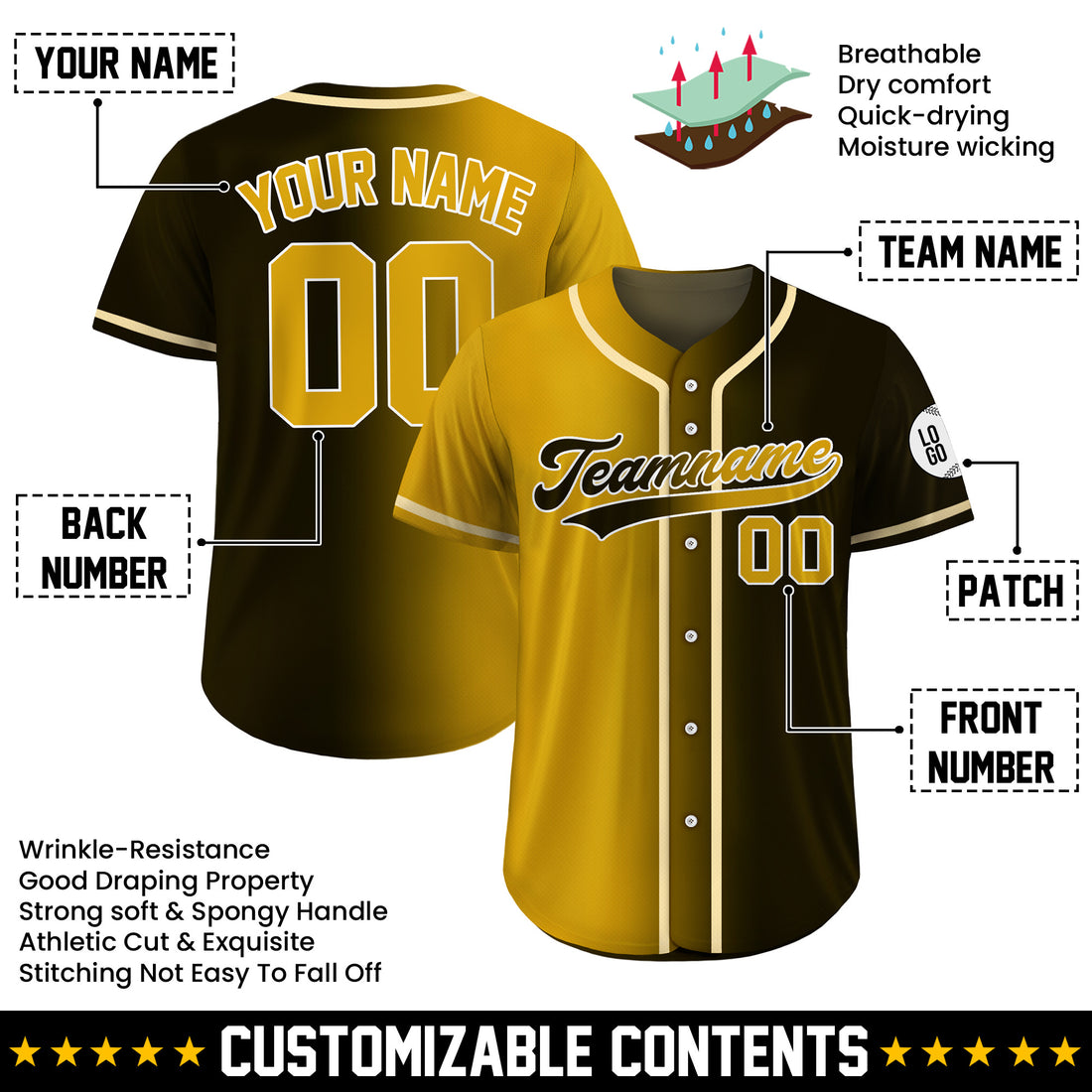 Custom Golden Shadow Gradient Baseball Jersey