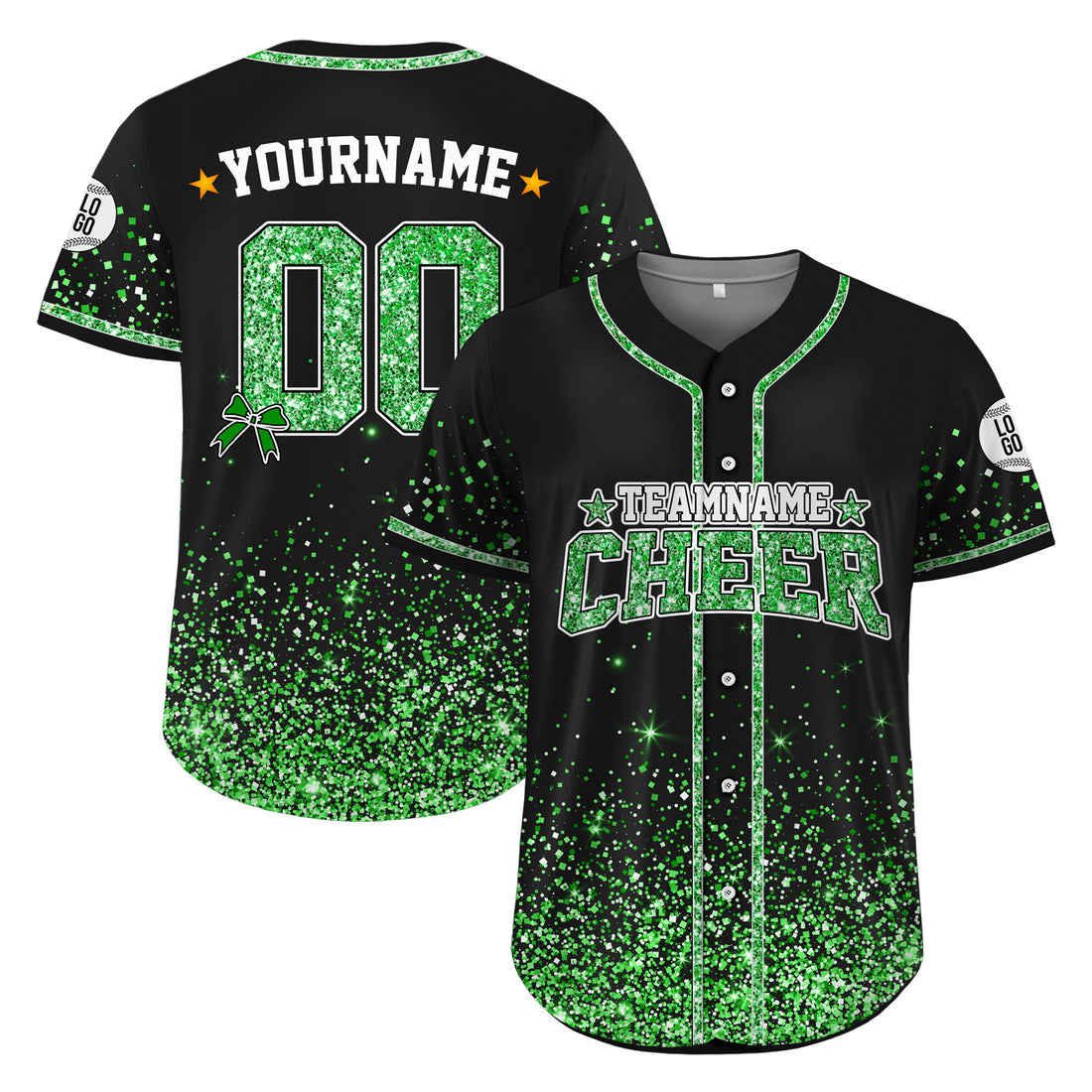 Custom Green Glitter Cheer Baseball Jersey with Team Name & Number for Adults and Kids