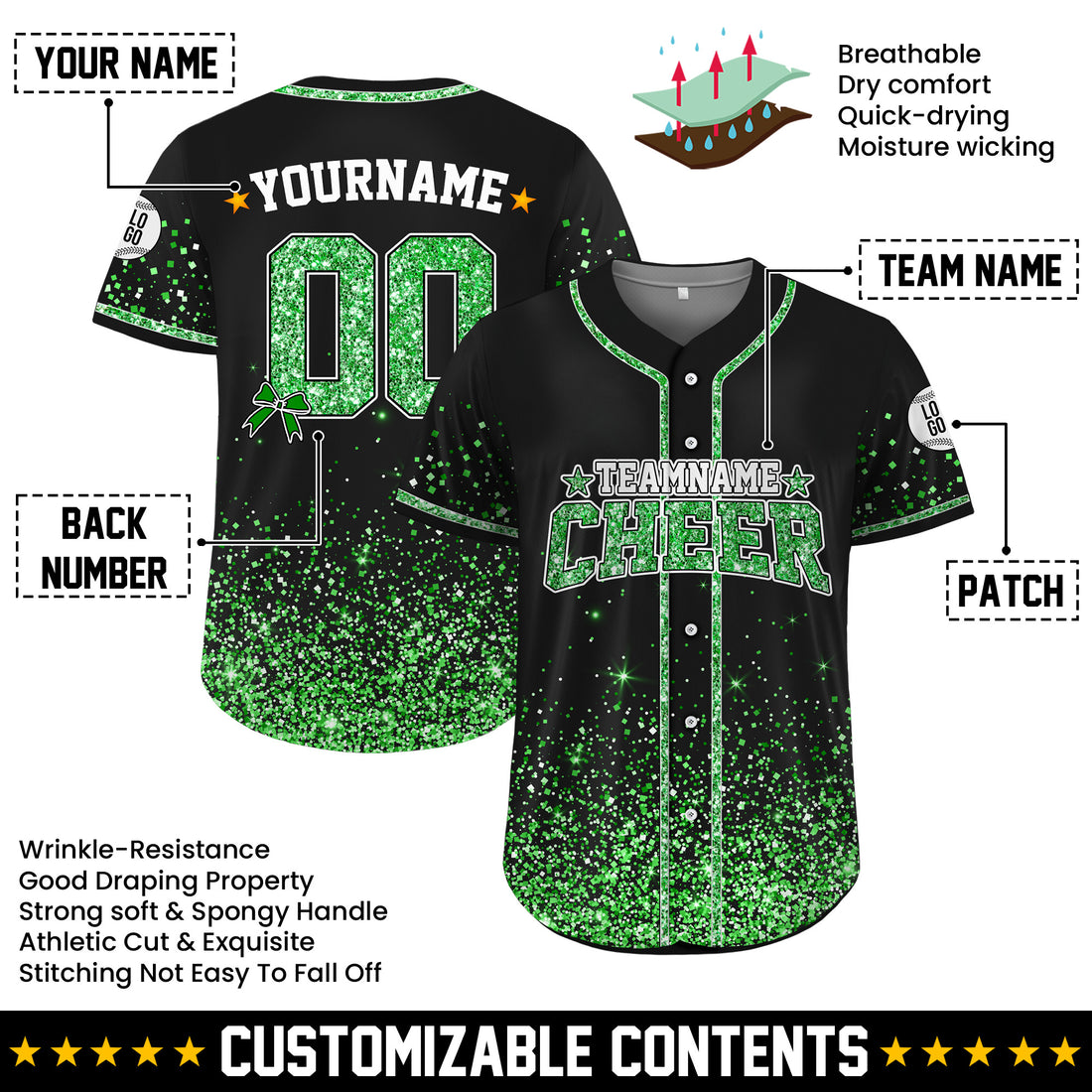 Custom Green Glitter Cheer Baseball Jersey with Team Name & Number for Adults and Kids