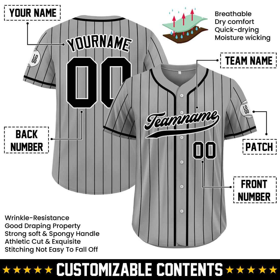 Custom Grey Black Pinstriped Baseball Uniform