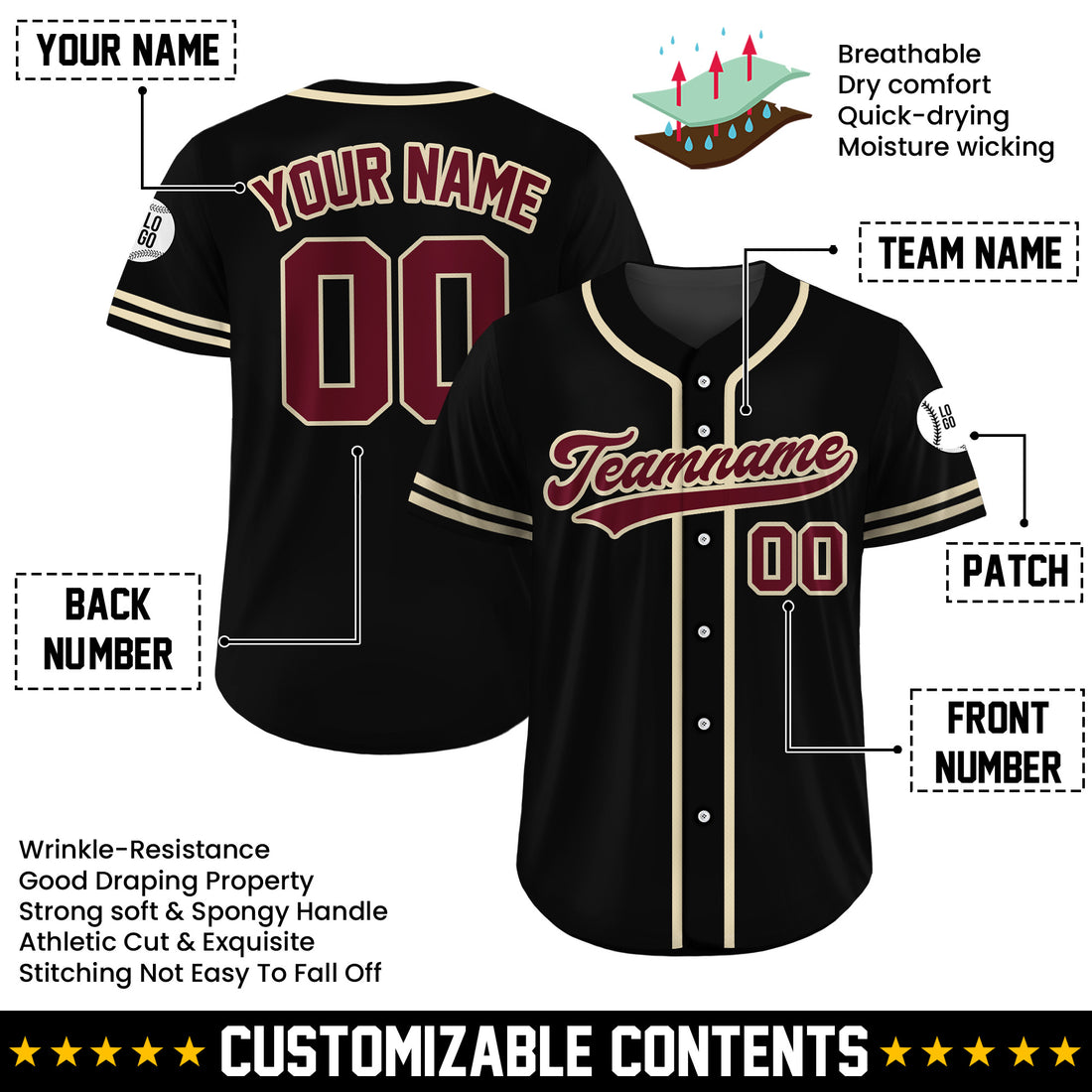 Custom Heritage Crimson Cream Black Baseball Jersey