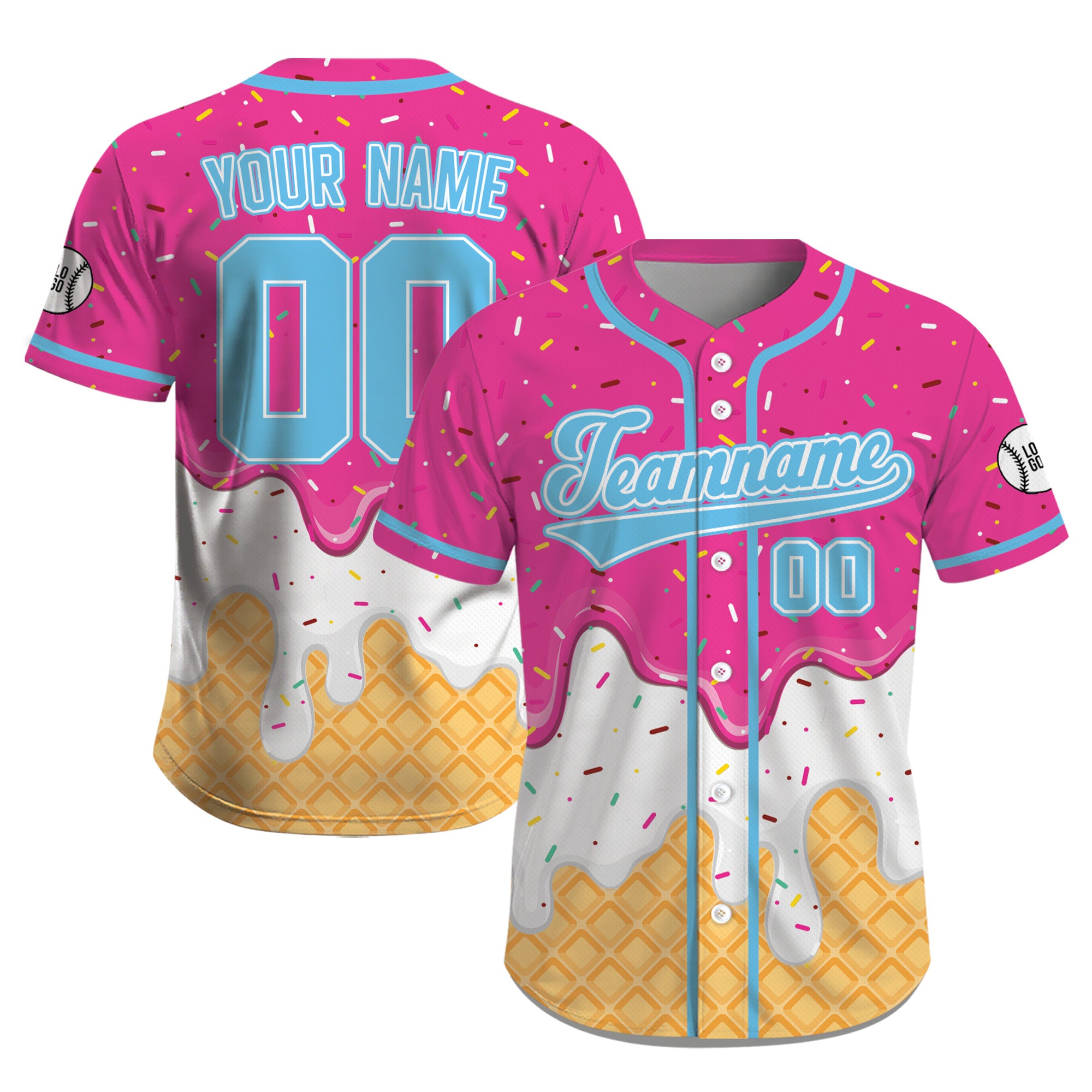 Custom Hot Pink Sky Blue Ice Cream Drip Baseball Shirt