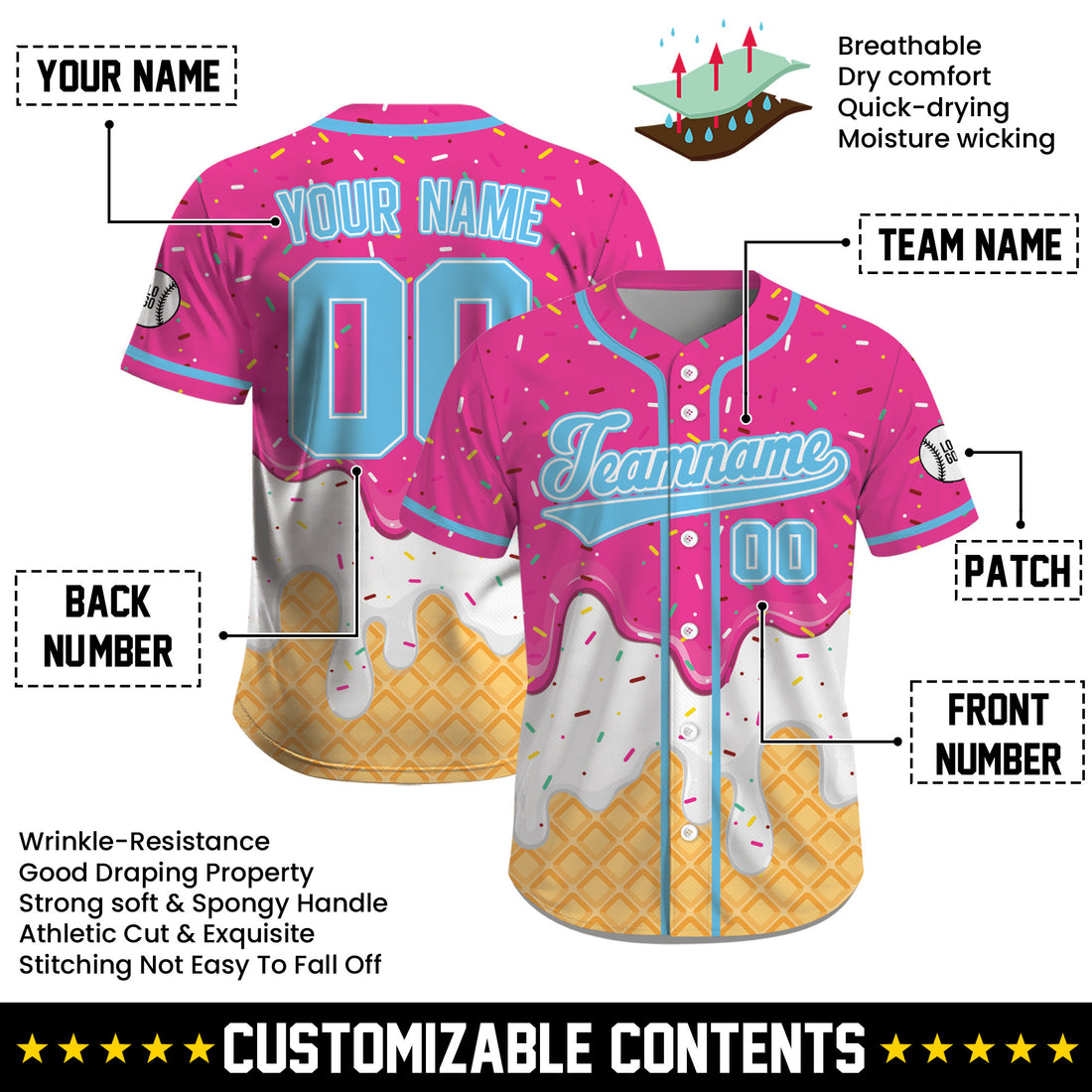 Custom Hot Pink Sky Blue Ice Cream Drip Baseball Shirt