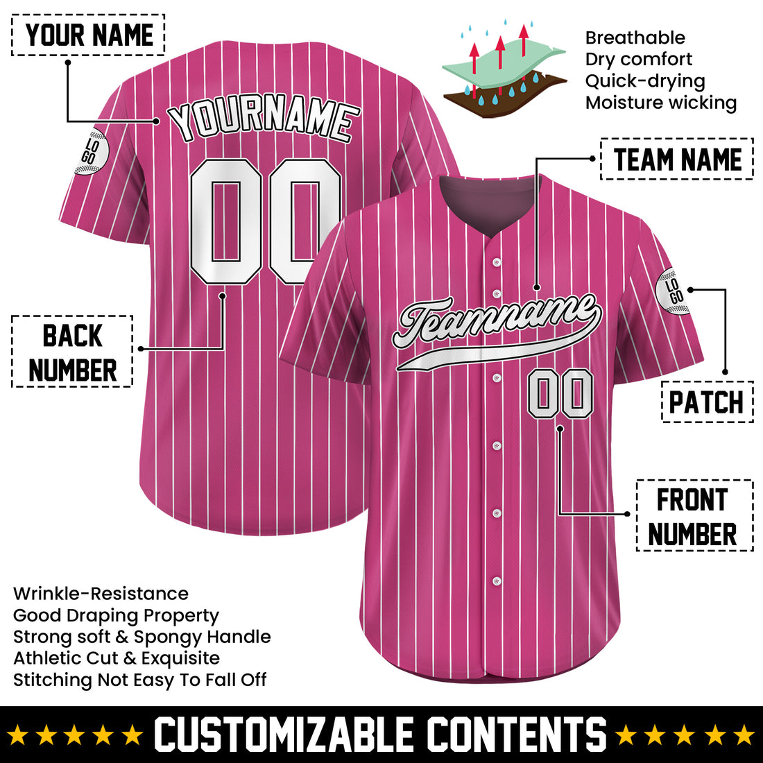 Custom Hot Pink White Pinstripe Baseball Jersey, Custom Team Name Number Baseball Jersey