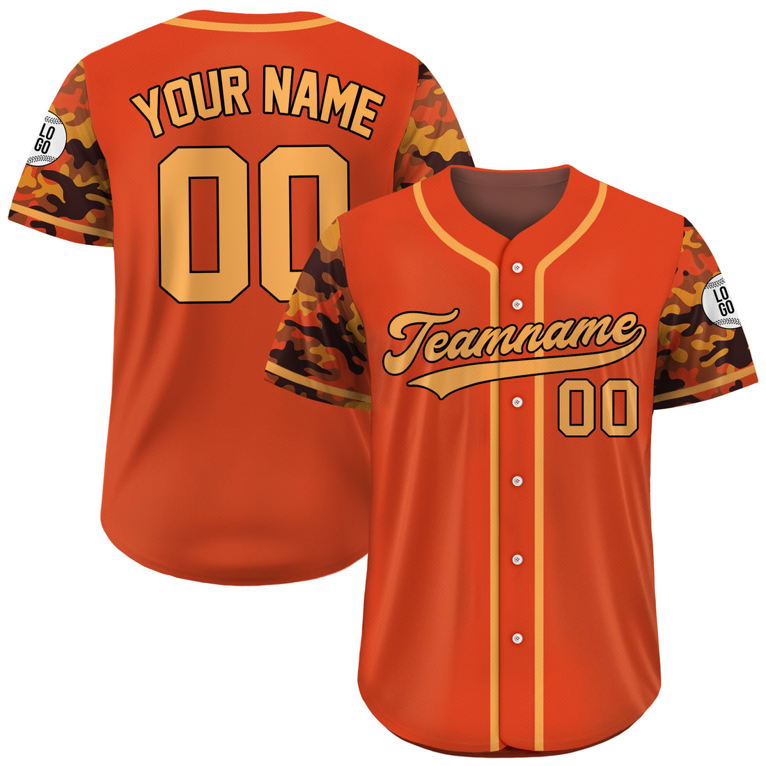 Custom Hunter Orange Camo Sleeve Baseball Jersey