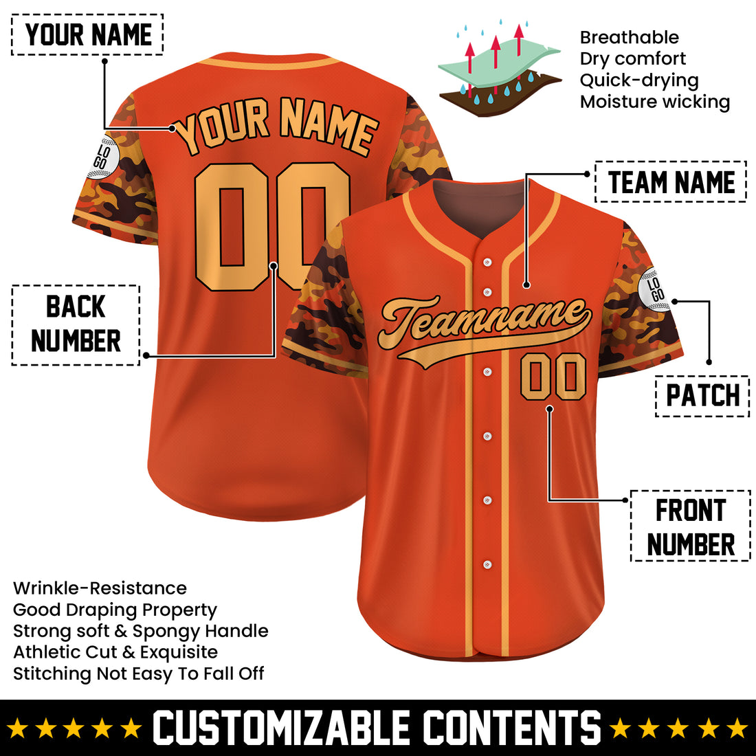 Custom Hunter Orange Camo Sleeve Baseball Jersey