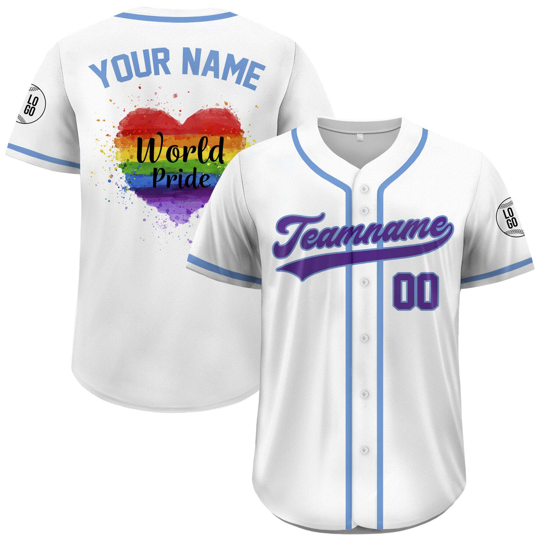 Custom LGBTQ+ Pride Month World Pride Rainbow Heart White Baseball Shirt