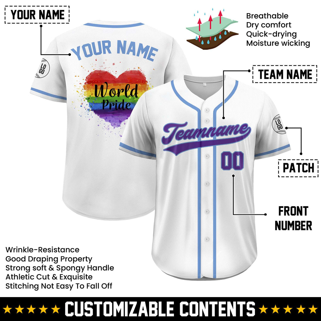 Custom LGBTQ+ Pride Month World Pride Rainbow Heart White Baseball Shirt