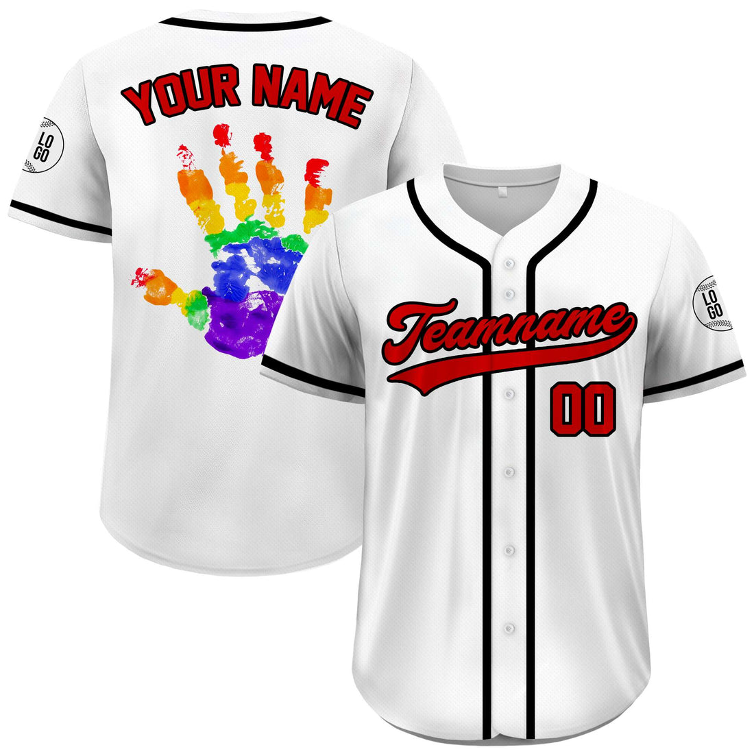 Custom LGBTQ+ Rainbow Handprint Pride White Red Baseball Jersey