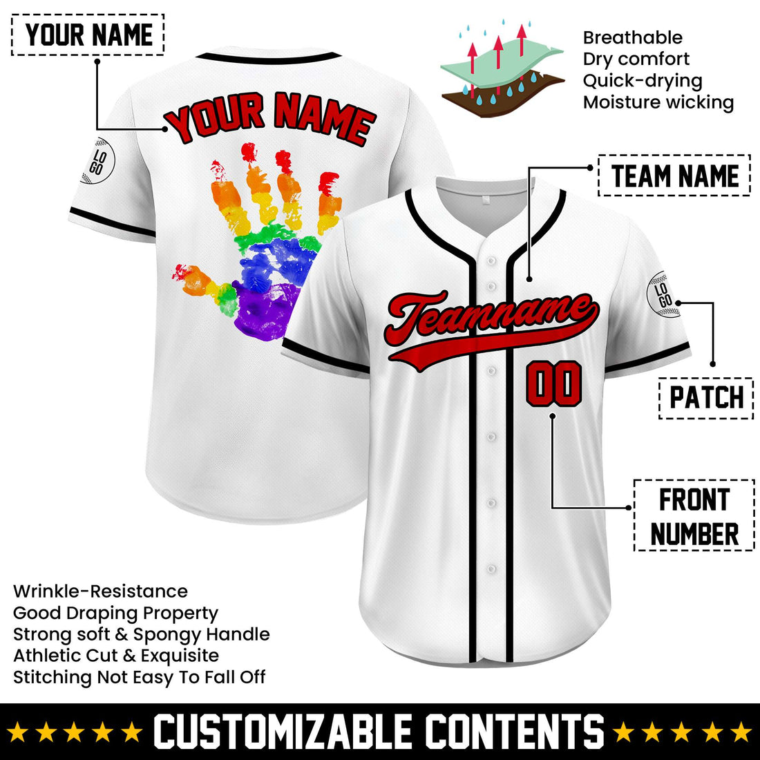 Custom LGBTQ+ Rainbow Handprint Pride White Red Baseball Jersey