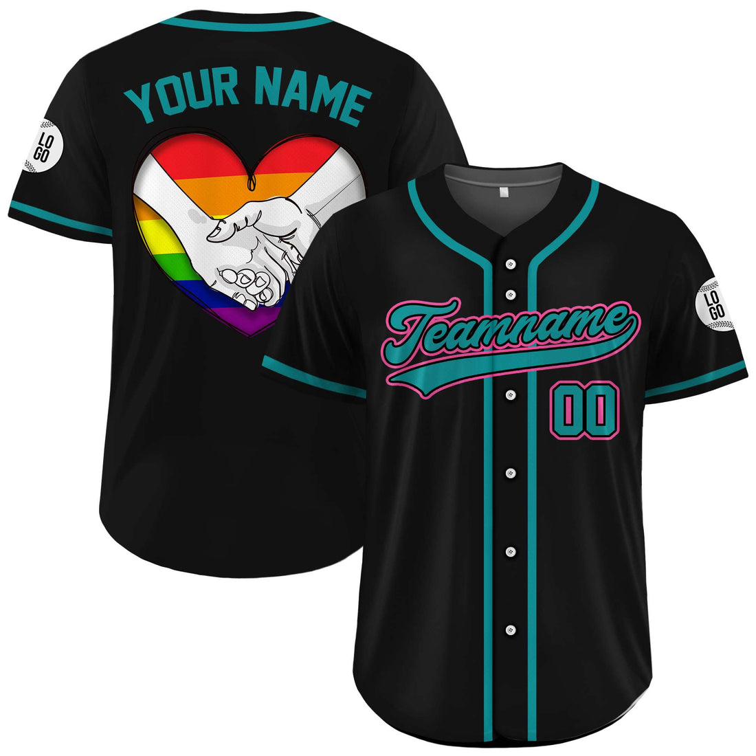 Custom LGBTQ+ Together in Pride Rainbow Heart Black Baseball Jersey
