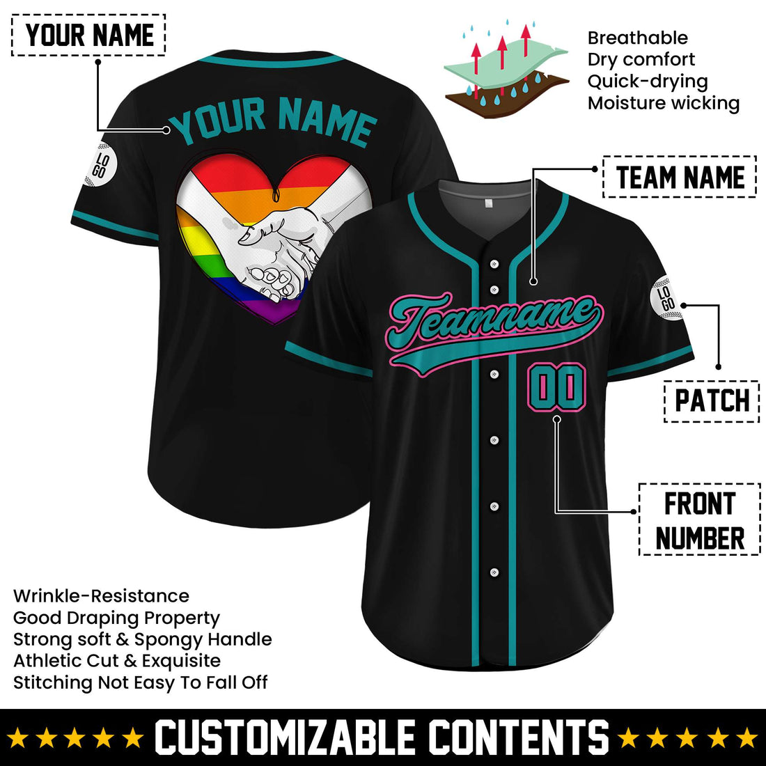 Custom LGBTQ+ Together in Pride Rainbow Heart Black Baseball Jersey