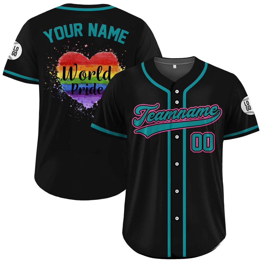 Custom LGBTQ+ World Pride Rainbow Heart Black Teal Baseball Jersey