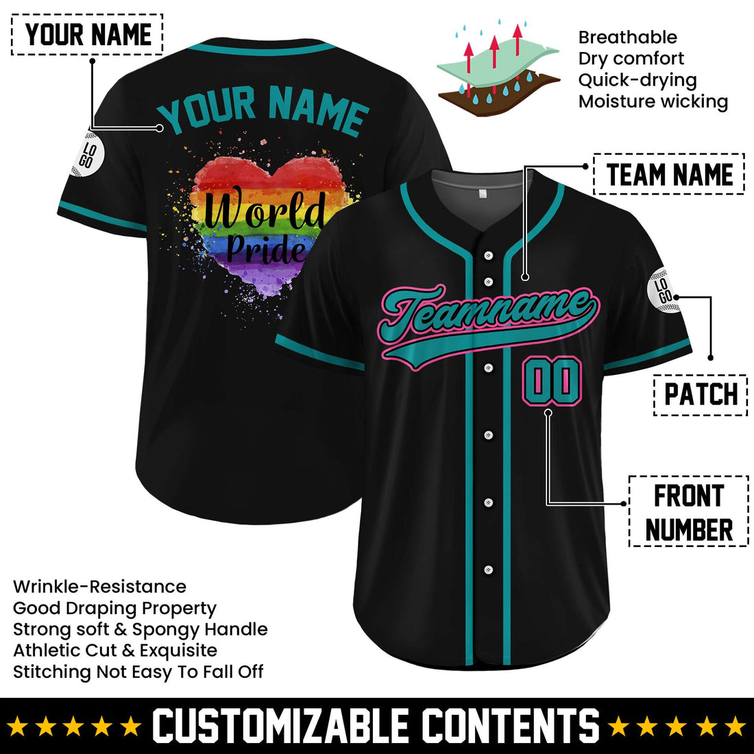 Custom LGBTQ+ World Pride Rainbow Heart Black Teal Baseball Jersey