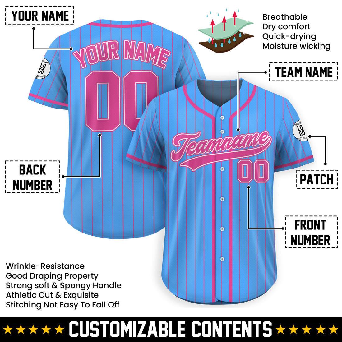 Custom Light Blue Pink Pinstripe Baseball Jersey