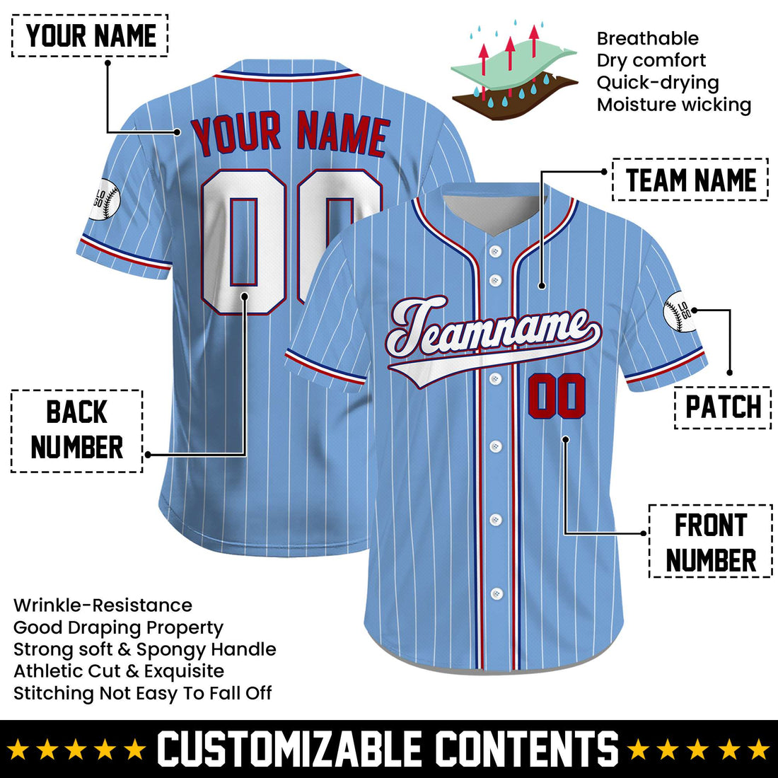Custom Light Blue Pinstripe USA Freedom July 4th Jersey
